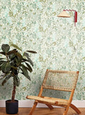 Wallpaper installed in a room showing its full pattern, color