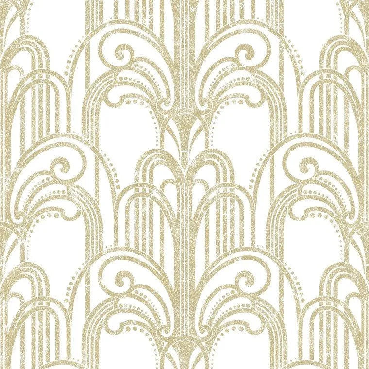Closeup of a wallpaper showing its Art-Deco, Damask, Gold, Two-tone, White pattern, color, and subtle texture.