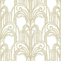 Closeup of a wallpaper showing its Art-Deco, Damask, Gold, Two-tone, White pattern, color, and subtle texture.