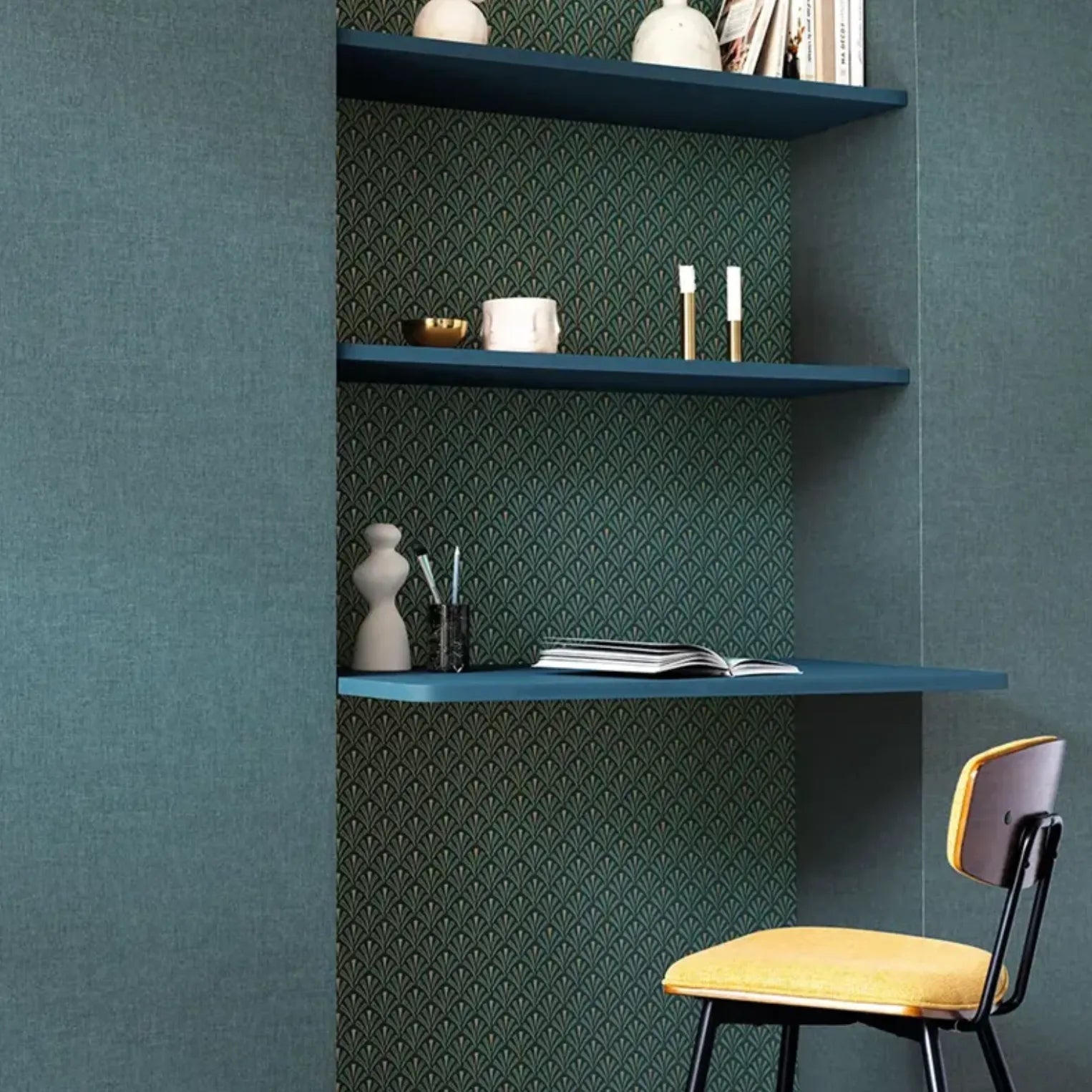 Wallpaper installed in a room showing its full pattern, color