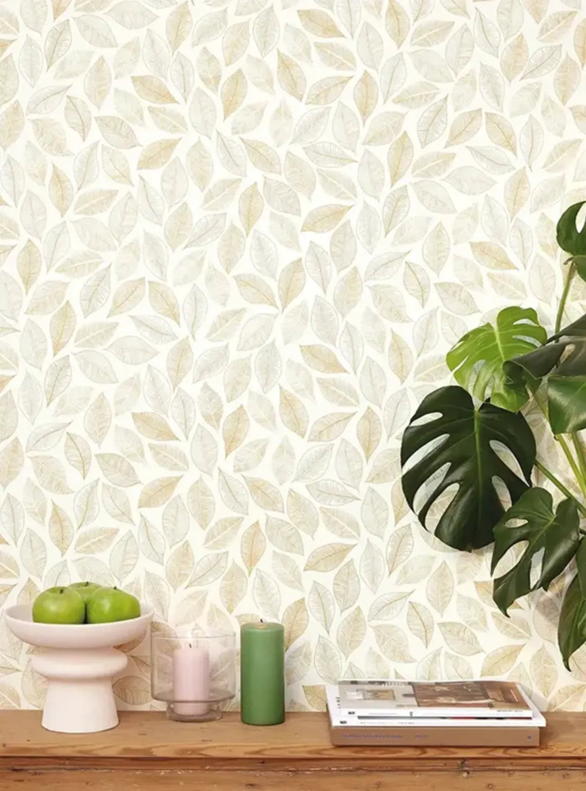 Wallpaper installed in a room showing its full pattern, color
