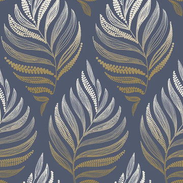 Closeup of a wallpaper showing its Blue, Contemporary, Floral, Gold, Nature pattern, color, and subtle texture.