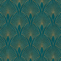 Closeup of a wallpaper showing its Art-Deco, Blue, Gold, Two-tone pattern, color, and texture.