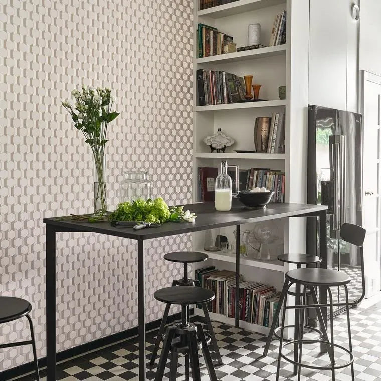 Closeup of a wallpaper showing its Art-Deco, Contemporary, Geometric, Neutrals, Two-tone pattern, color, and subtle texture.