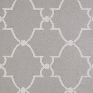 Closeup of a wallpaper showing its Art-Deco, Damask, Two-tone pattern, color, and subtle texture.