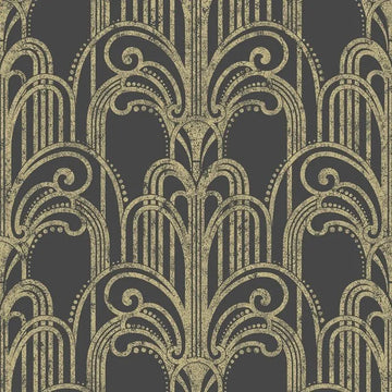 Closeup of a wallpaper showing its Art-Deco, Black, Damask, Gold, Two-tone pattern, color, and subtle texture.
