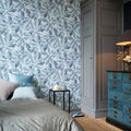 Wallpaper installed in a room showing its full pattern, color