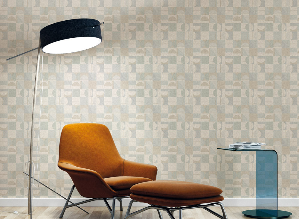 Geometric pattern with squares and a circle on a teal background