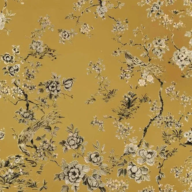 Closeup of a wallpaper showing its Birds, Floral, Gold, Luxury, Nature, Textures, Vinyl pattern, color, and subtle texture.