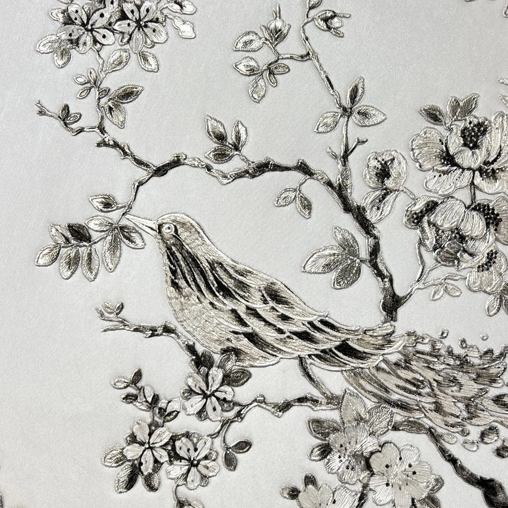 Closeup of a wallpaper showing its Birds, Floral, Luxury, Monochrome, Nature, Textures, Vinyl pattern, color, and subtle texture.