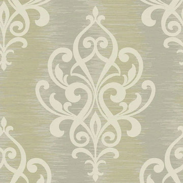 Closeup of a wallpaper showing its Damask, Neutrals, Silver pattern, color, and subtle texture.