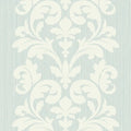 Closeup of a wallpaper showing its Damask, Green, Two-tone pattern, color, and subtle texture.