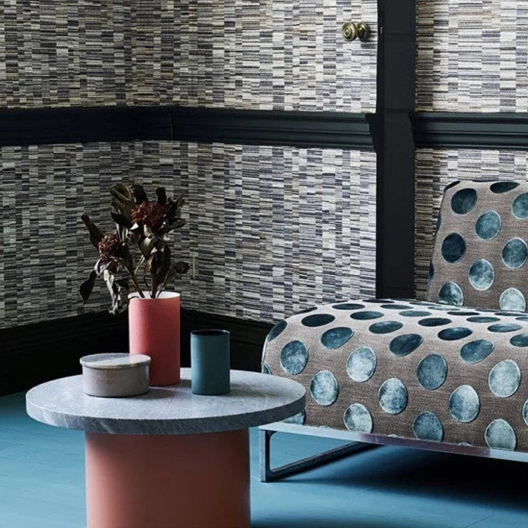 Wallpaper installed in a room showing its full pattern, color