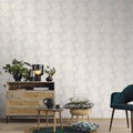 Wallpaper installed in a room showing its full pattern, color