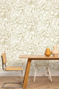 Wallpaper installed in a room showing its full pattern, color