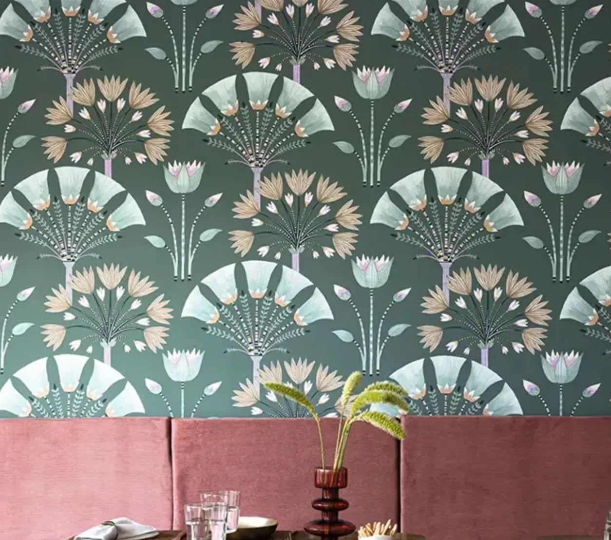 Wallpaper installed in a room showing its full pattern, color