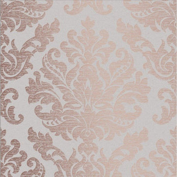 Closeup of a wallpaper showing its Damask, Taupe, Two-tone pattern, color, and subtle texture.