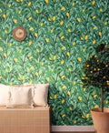 Wallpaper installed in a room showing its full pattern, color
