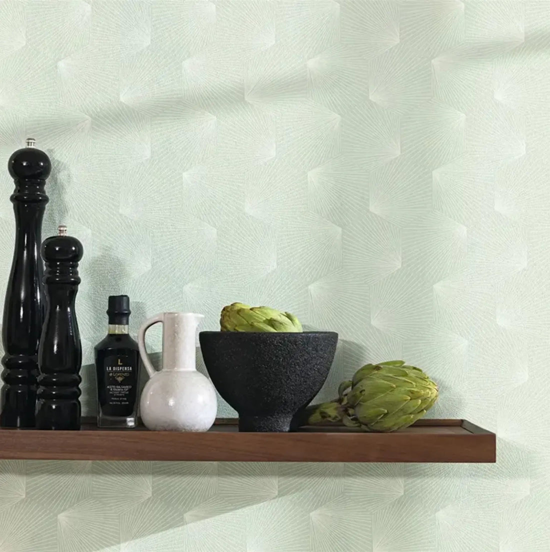 Closeup of a wallpaper showing its Art-Deco, Contemporary, Geometric pattern, color, and subtle texture.