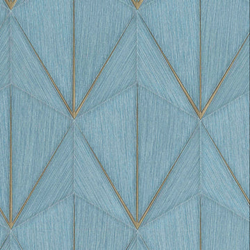 Blue geometric patterned wallpaper with gold accents