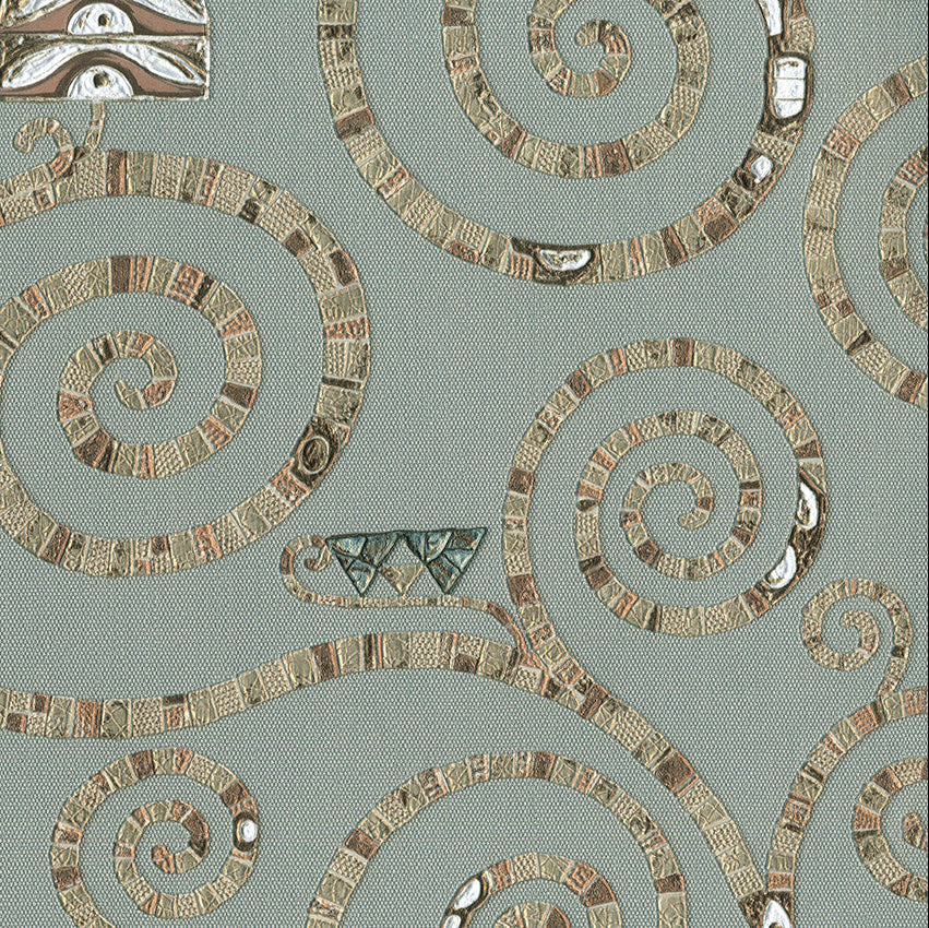 Decorative pattern with spirals and geometric shapes on a light green background