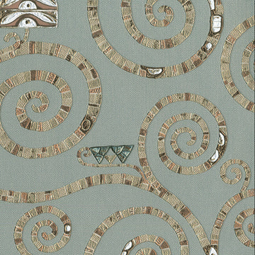 Decorative pattern with spirals and geometric shapes on a light green background