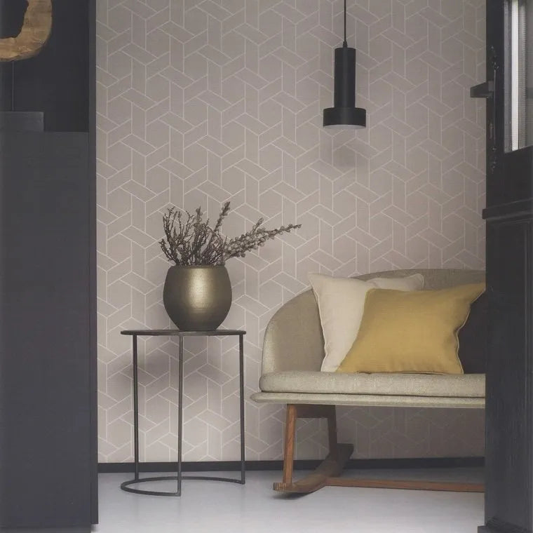 Closeup of a wallpaper showing its Art-Deco, Contemporary, Geometric, Neutrals, Two-tone pattern, color, and subtle texture.