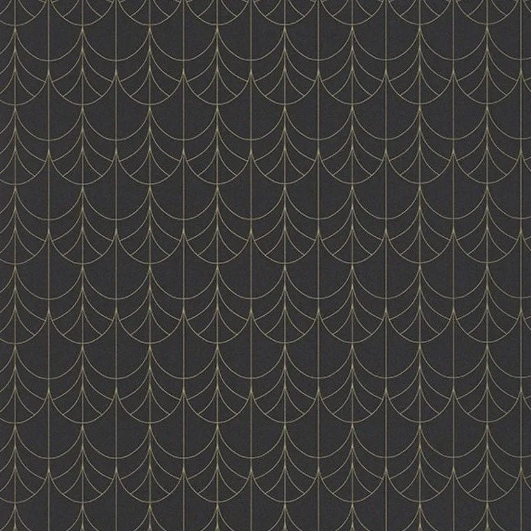 Closeup of a wallpaper showing its Art-Deco, Contemporary, Dramatic, Two-tone pattern, color, and subtle texture.