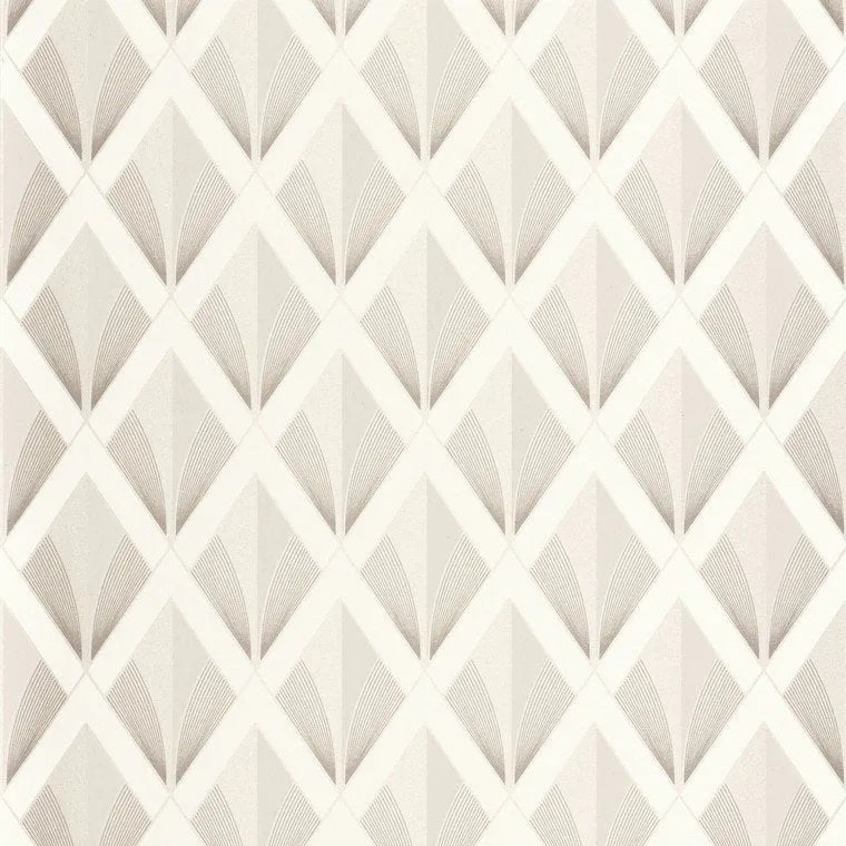 Closeup of a wallpaper showing its Art-Deco, Contemporary, Geometric, Neutrals, Two-tone pattern, color, and subtle texture.