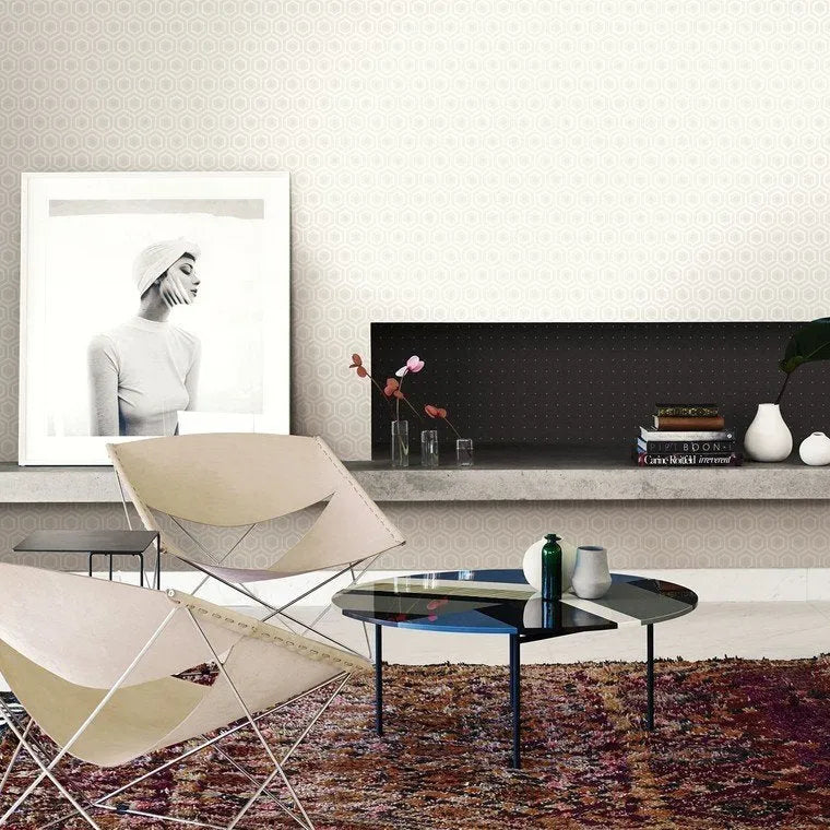 Wallpaper installed in a room showing its full pattern, color