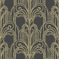 Closeup of a wallpaper showing its Art-Deco, Black, Damask, Gold, Two-tone pattern, color, and subtle texture.