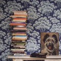 Wallpaper installed in a room showing its full pattern, color