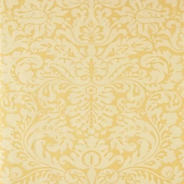 Closeup of a wallpaper showing its Damask, Gold, Yellow pattern, color, and subtle texture.