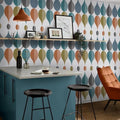 Wallpaper installed in a room showing its full pattern, color