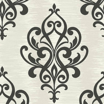Closeup of a wallpaper showing its Damask, Monochrome, Neutrals, Two-tone pattern, color, and subtle texture.