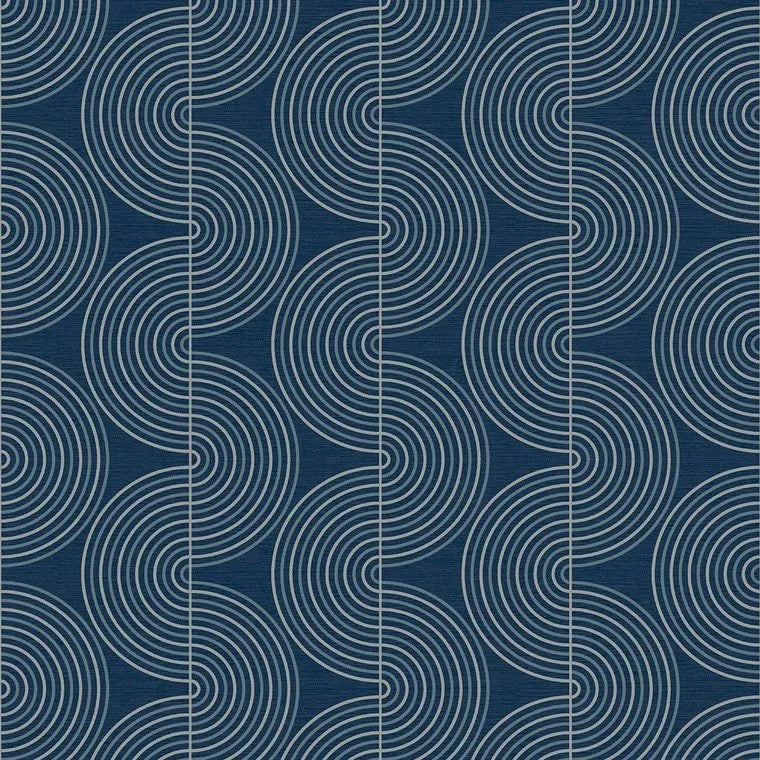 Closeup of a wallpaper showing its Blue, Contemporary, Waves pattern, color, and subtle texture.