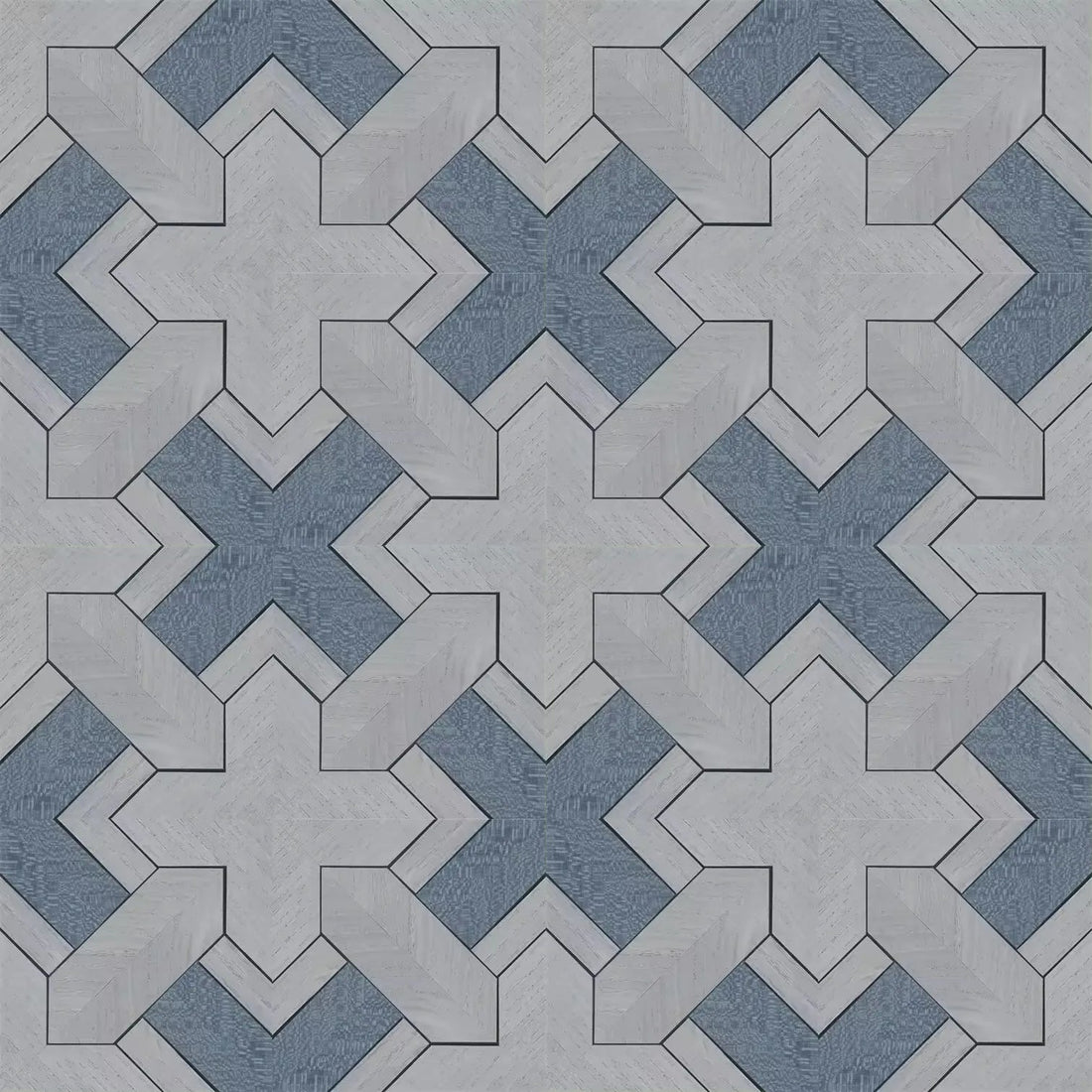 Closeup of a wallpaper showing its Blue, Geometric, Monochrome, Wood-veneer pattern, color, and subtle texture.