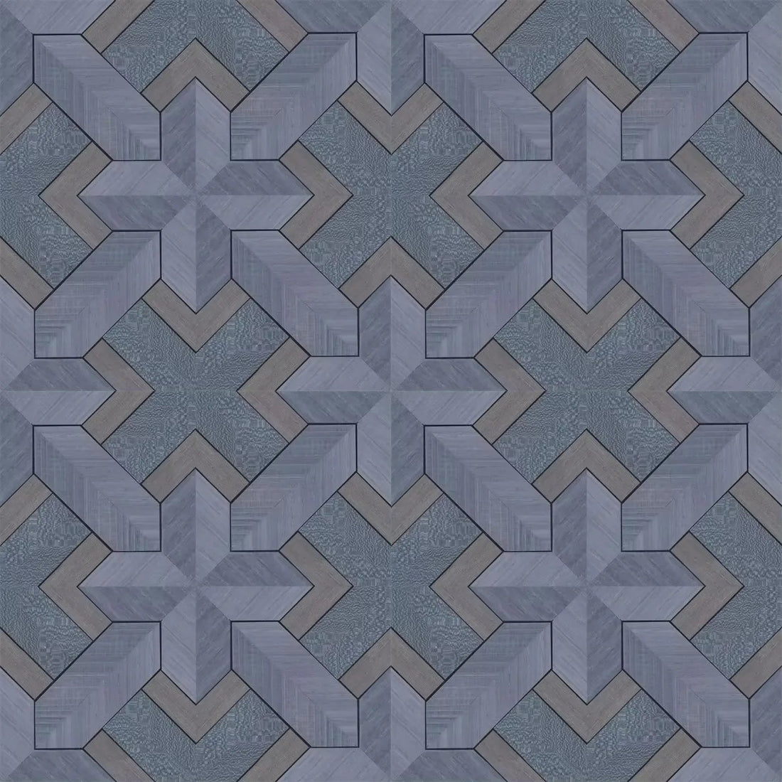Closeup of a wallpaper showing its Blue, Geometric, Wood-veneer pattern, color, and subtle texture.