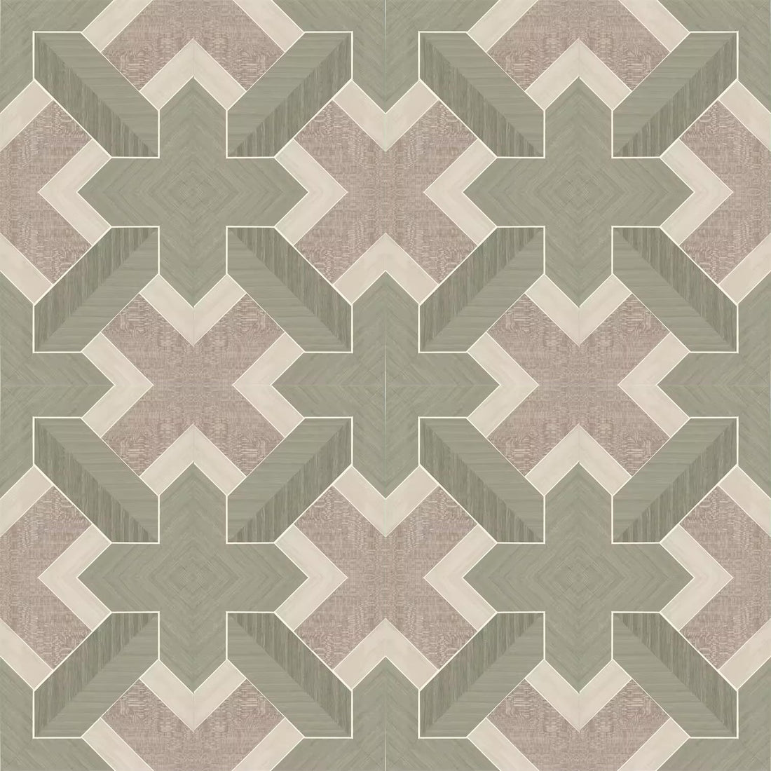 Closeup of a wallpaper showing its Geometric, Green, Wood-veneer pattern, color, and subtle texture.