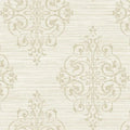 Closeup of a wallpaper showing its Cream, Damask, Neutrals, Vinyl pattern, color, and subtle texture.