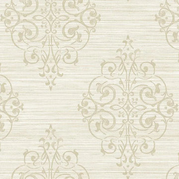 Closeup of a wallpaper showing its Cream, Damask, Neutrals, Vinyl pattern, color, and subtle texture.