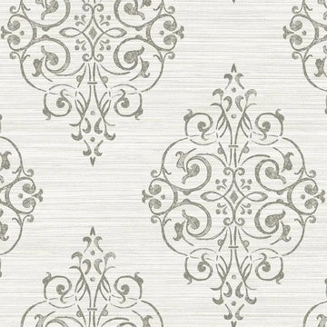 Closeup of a wallpaper showing its Damask, Neutrals, Two-tone, Vinyl pattern, color, and subtle texture.