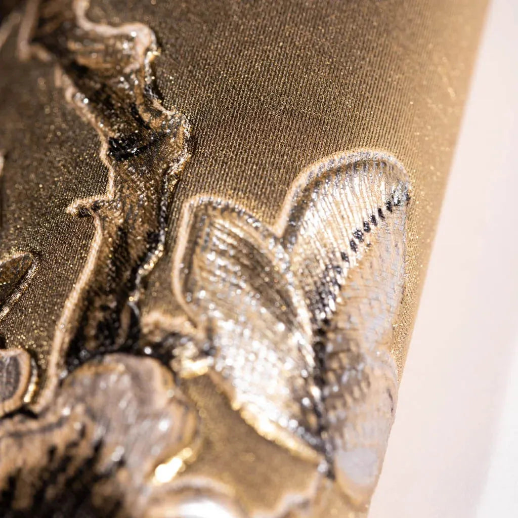 Closeup of a wallpaper showing its Birds, Floral, Gold, Luxury, Nature, Textures, Vinyl pattern, color, and subtle texture.