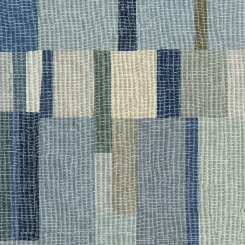 Textured wallpaper with a pattern of blue, green, and beige stripes.