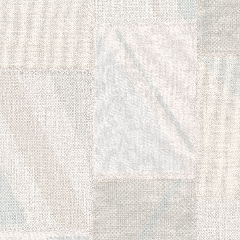 Woven rectangle patches in white and light grey on a cream background