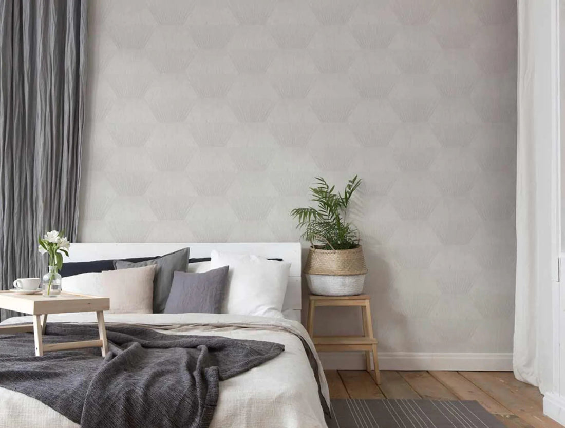 Closeup of a wallpaper showing its Art-Deco, Contemporary, Geometric, Monochrome pattern, color, and subtle texture.