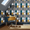 Wallpaper installed in a room showing its full pattern, color