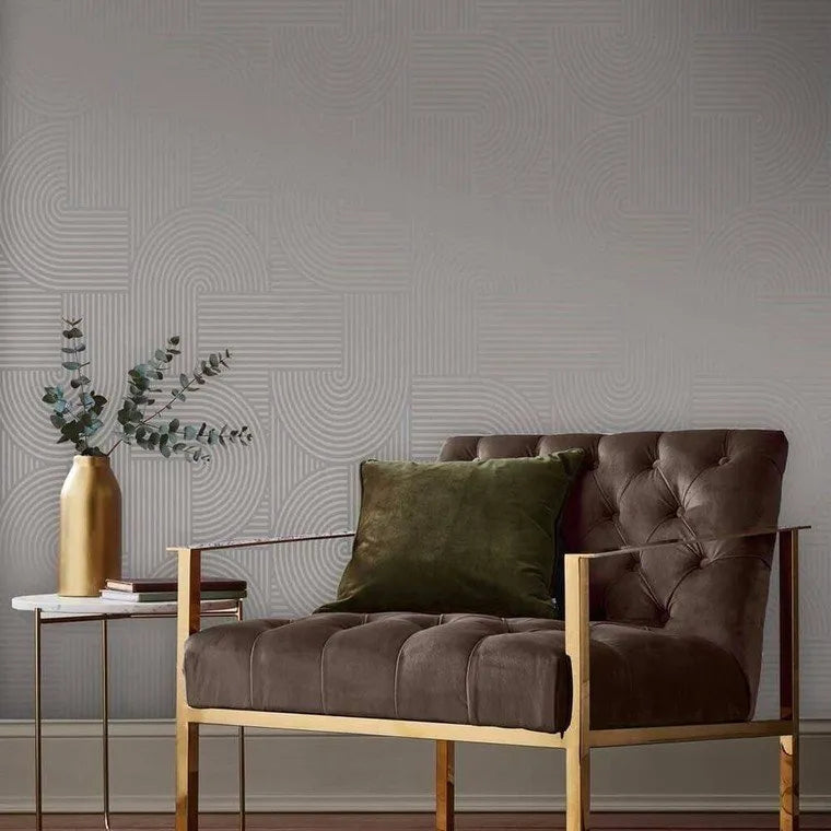 Closeup of a wallpaper showing its Art-Deco, Contemporary, Taupe pattern, color, and subtle texture.