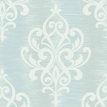 Closeup of a wallpaper showing its Blue, Damask, Two-tone pattern, color, and subtle texture.