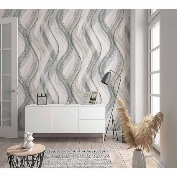 Wallpaper installed in a room showing its full pattern, color